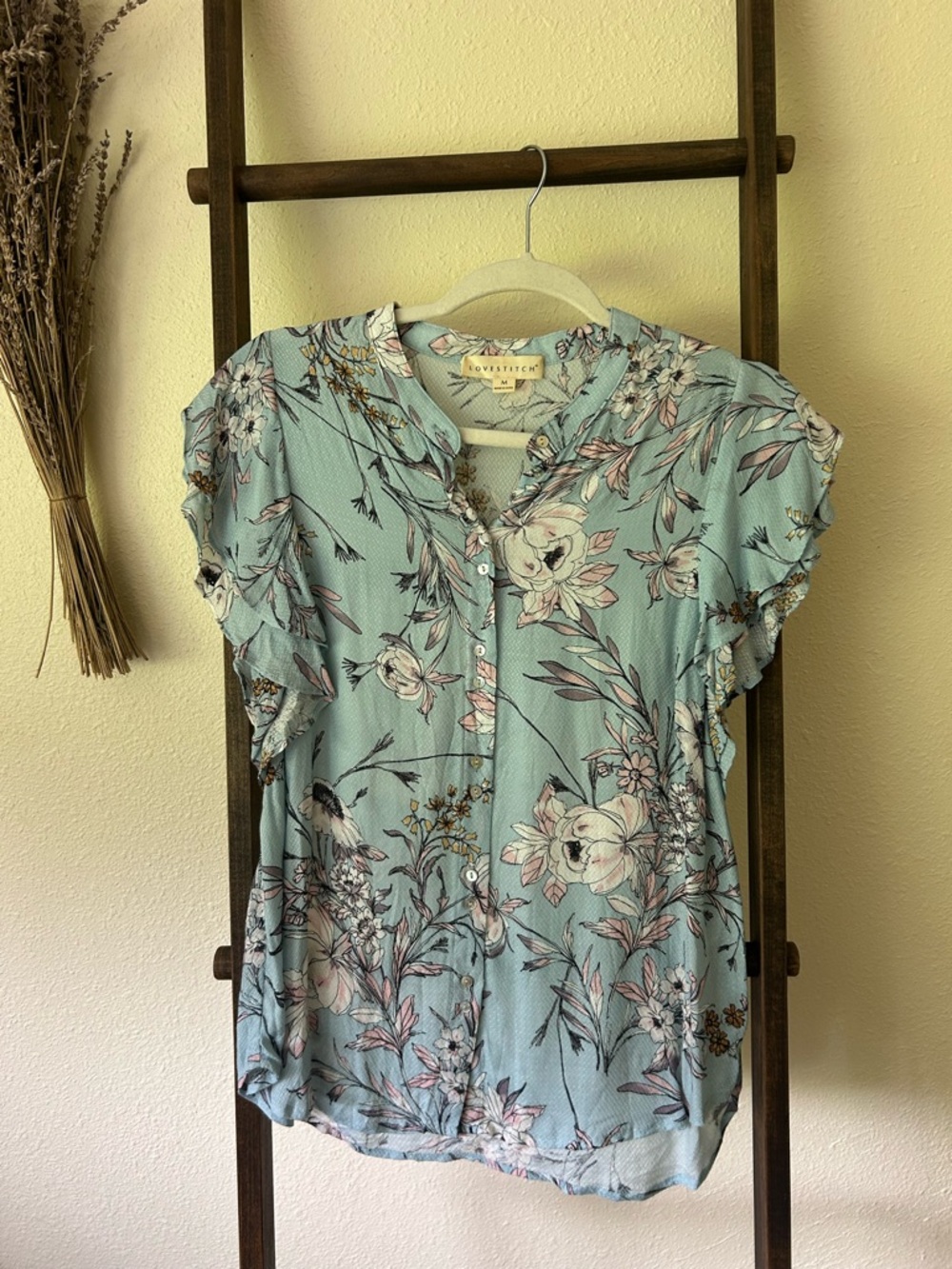 lovestitch Aqua Floral Button-Front Ruffle Sleeve Blouse